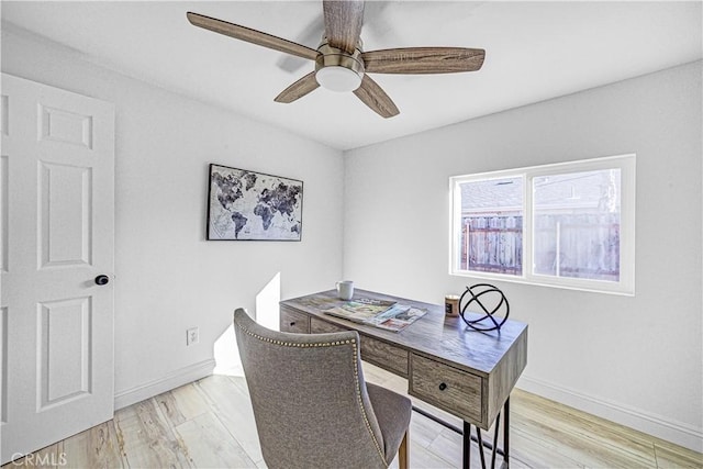 home office featuring light wood-type flooring, ceiling fan, and baseboards