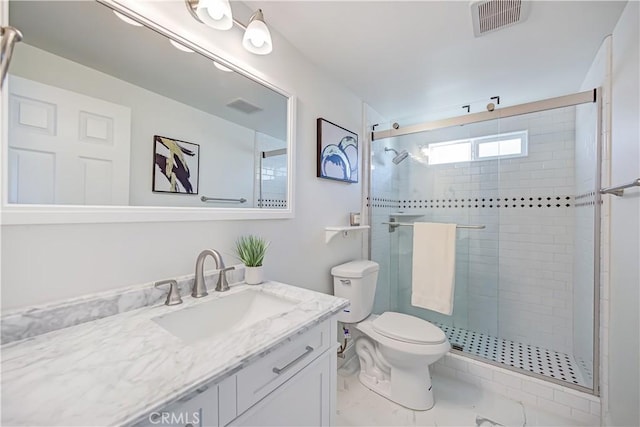 full bath featuring toilet, vanity, a shower stall, and visible vents