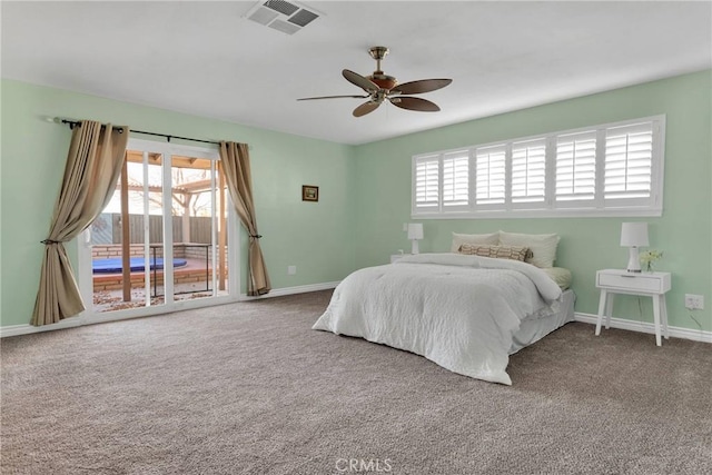 bedroom with carpet, access to exterior, and ceiling fan