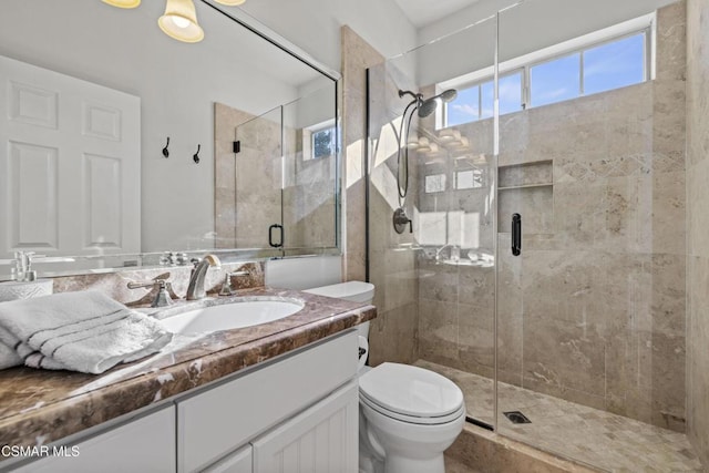 bathroom featuring vanity, toilet, and a shower with door