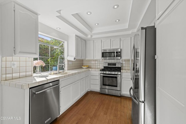 kitchen with white cabinetry, tile counters, stainless steel appliances, and a tray ceiling