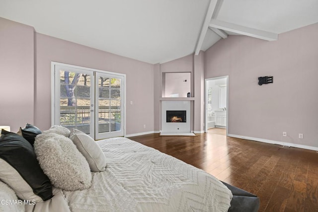 bedroom with access to exterior, hardwood / wood-style flooring, vaulted ceiling with beams, and ensuite bathroom