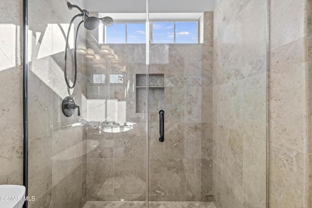 bathroom with a shower with shower door