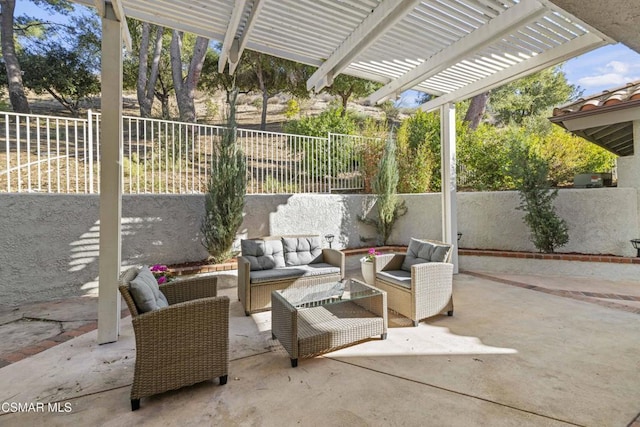 view of patio / terrace with outdoor lounge area and a pergola