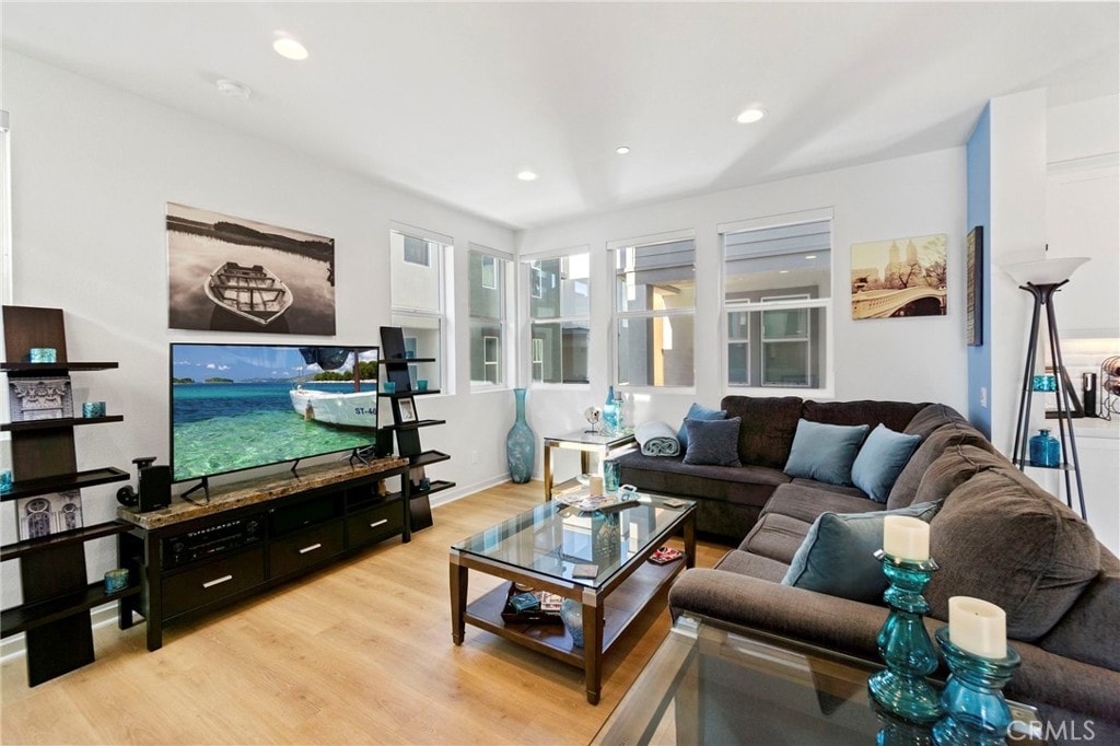 living room with light hardwood / wood-style flooring