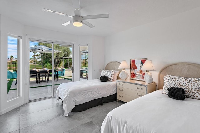 bedroom featuring access to exterior and ceiling fan