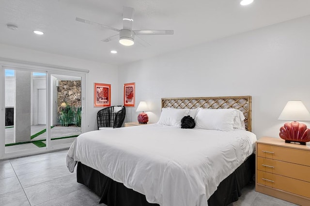 bedroom featuring access to exterior and ceiling fan