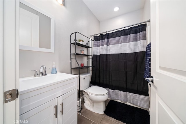 bathroom featuring recessed lighting, a shower with shower curtain, toilet, vanity, and tile patterned floors