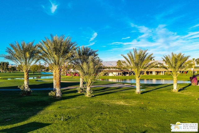 view of property's community with a yard and a water view