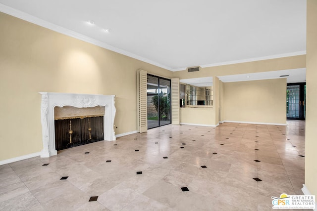 unfurnished living room with a high end fireplace and ornamental molding