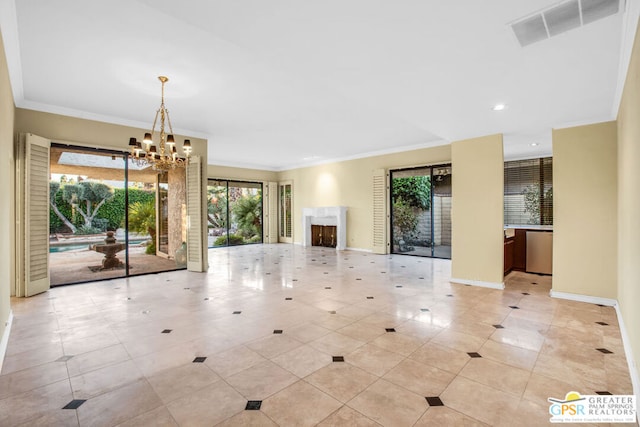 unfurnished living room featuring light tile patterned flooring, ornamental molding, and an inviting chandelier