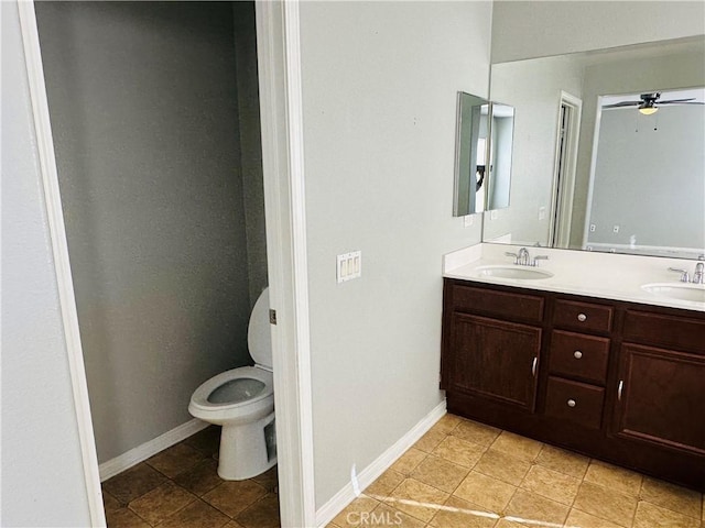 bathroom featuring vanity, ceiling fan, tile patterned flooring, and toilet