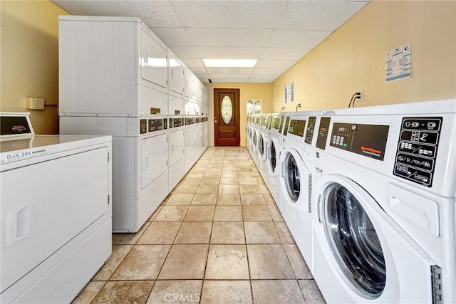 396 S Miraleste Dr Unit 512, San Pedro, CA 90732 - shared laundry area featuring stacked washer / drying machine, light tile patterned flooring, and independent washer and dryer