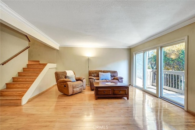 sitting room with crown molding, light hardwood / wood-style flooring, and a textured ceiling