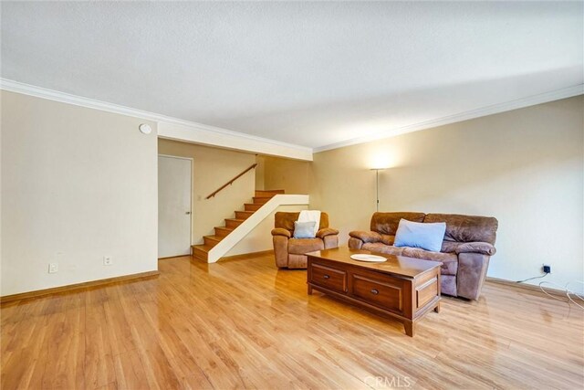 living room featuring crown molding and light hardwood / wood-style flooring