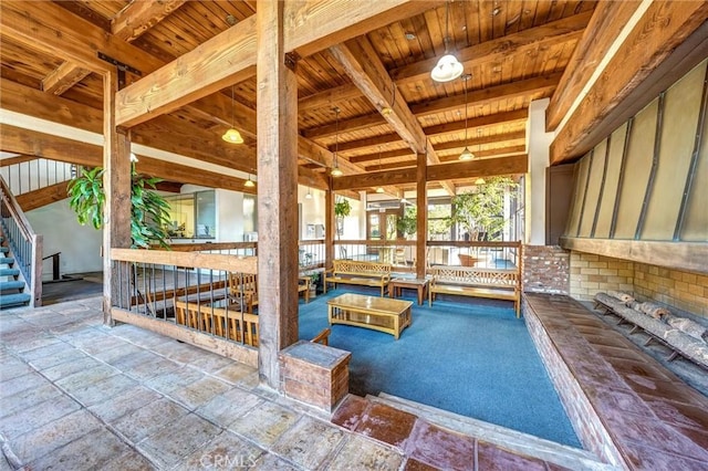 396 S Miraleste Dr Unit 512, San Pedro, CA 90732 - interior space with beamed ceiling, stone tile flooring, and wood ceiling