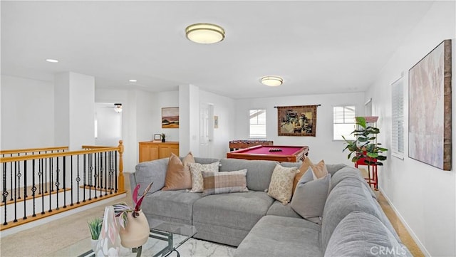 living room with recessed lighting, baseboards, and billiards