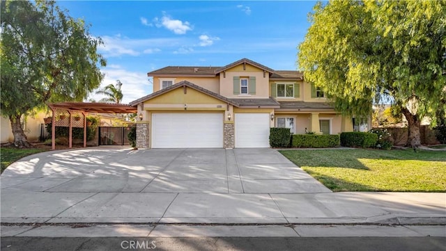 traditional home with fence, a front lawn, stucco siding, driveway, and stone siding