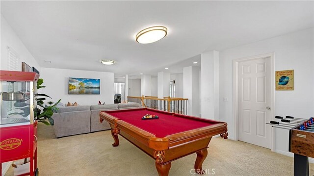 game room featuring billiards and light carpet