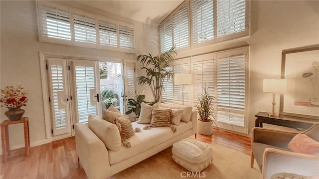 sitting room featuring light hardwood / wood-style floors and high vaulted ceiling