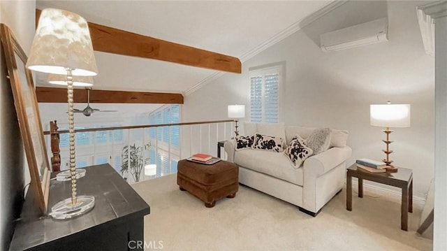 living room with carpet flooring, ornamental molding, ceiling fan, lofted ceiling with beams, and an AC wall unit