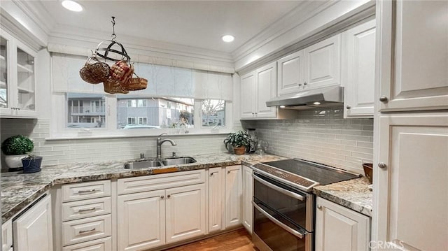 kitchen with white cabinetry, sink, double oven range, and light stone counters