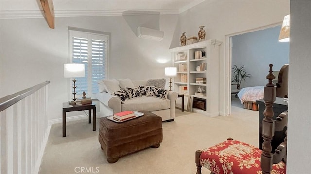 sitting room with a wall mounted AC, beamed ceiling, carpet floors, and ornamental molding