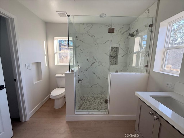 bathroom with hardwood / wood-style flooring, vanity, toilet, and a wealth of natural light