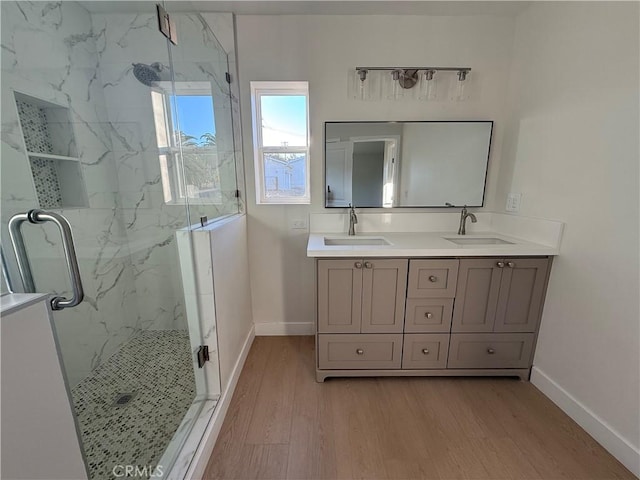 bathroom with hardwood / wood-style floors, vanity, and an enclosed shower