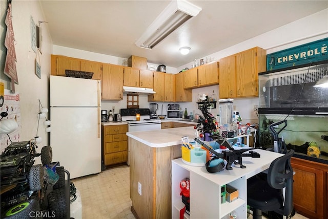 kitchen featuring a kitchen breakfast bar and white appliances