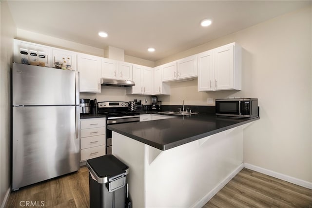 kitchen featuring kitchen peninsula, appliances with stainless steel finishes, dark wood-type flooring, sink, and white cabinets