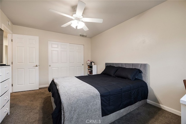 carpeted bedroom featuring a closet and ceiling fan