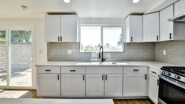 kitchen featuring sink, white cabinets, stainless steel gas range, tasteful backsplash, and wood-type flooring