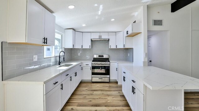 kitchen with gas range, white cabinets, decorative backsplash, and sink