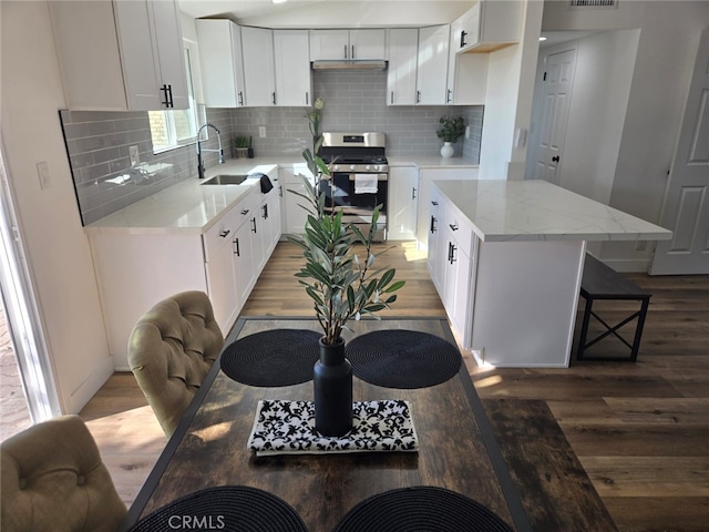 kitchen with white cabinetry, stainless steel gas range oven, and sink