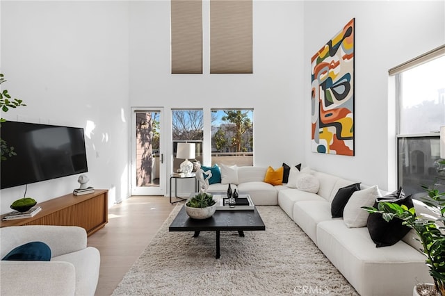 5550 Boardwalk Unit 102, Hawthorne, CA 90250 - living area with a high ceiling, wood finished floors, and plenty of natural light