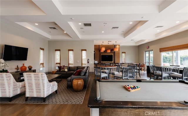 5550 Boardwalk Unit 102, Hawthorne, CA 90250 - rec room featuring wood finished floors, coffered ceiling, and recessed lighting