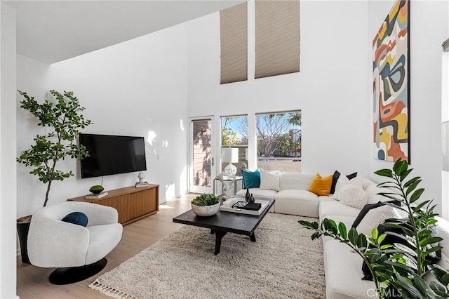 living room with a high ceiling and light wood-type flooring