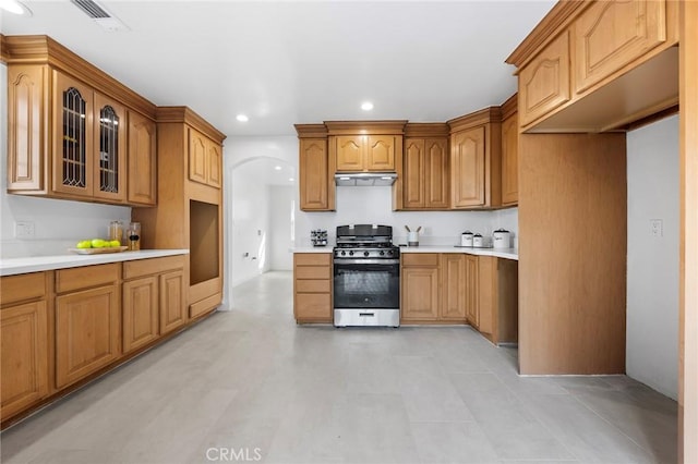 kitchen featuring ventilation hood and stainless steel range with gas cooktop