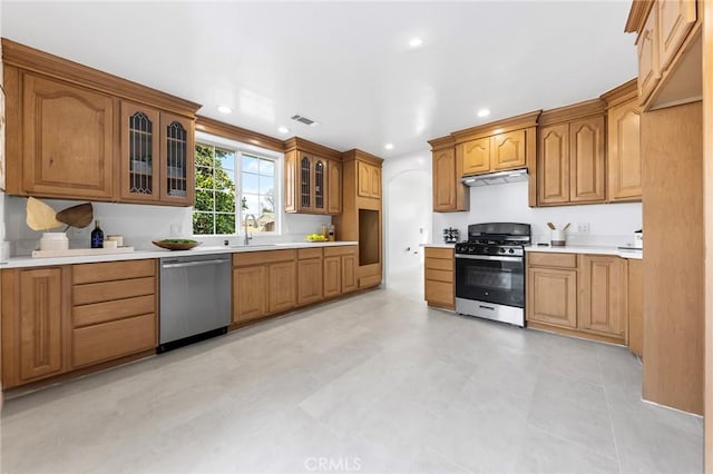 kitchen featuring range hood, sink, and appliances with stainless steel finishes