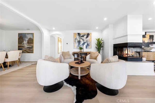 living room featuring a multi sided fireplace and light wood-type flooring