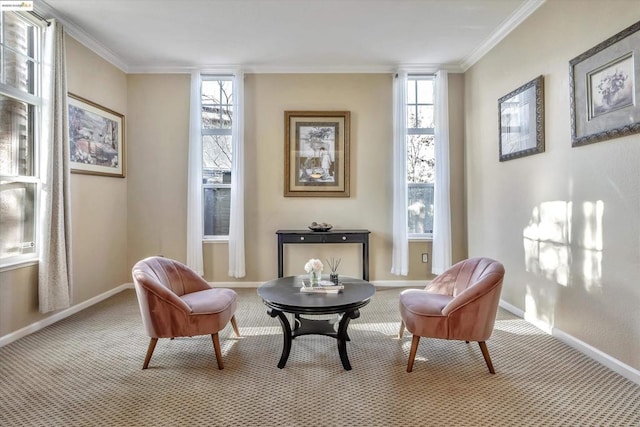 sitting room with light carpet, a wealth of natural light, and ornamental molding