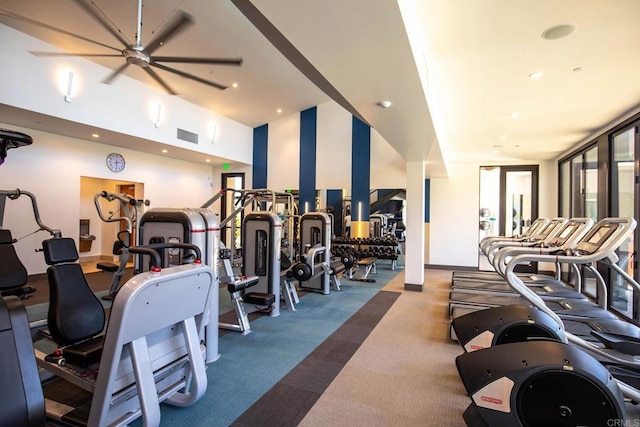 exercise room featuring visible vents and recessed lighting