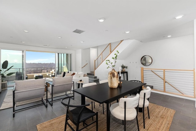 dining room featuring stairs, visible vents, and recessed lighting