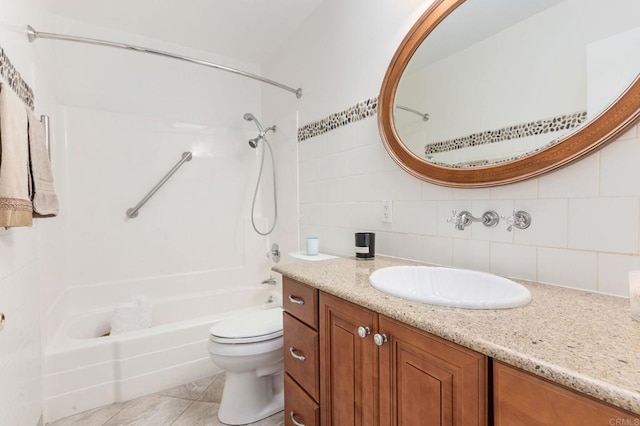 full bathroom featuring toilet, shower / bathtub combination, vanity, tile patterned flooring, and backsplash