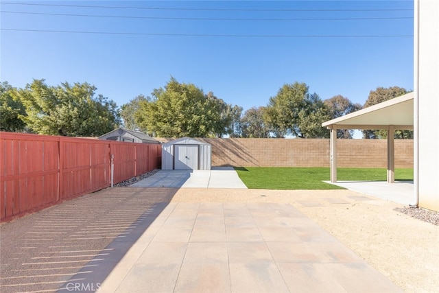 view of patio with a shed