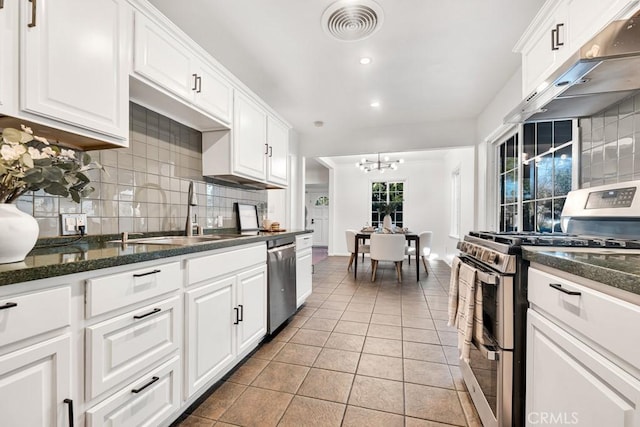 kitchen featuring sink, light tile patterned floors, decorative backsplash, white cabinets, and appliances with stainless steel finishes