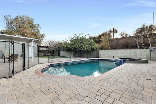 view of swimming pool featuring an in ground hot tub and a patio area