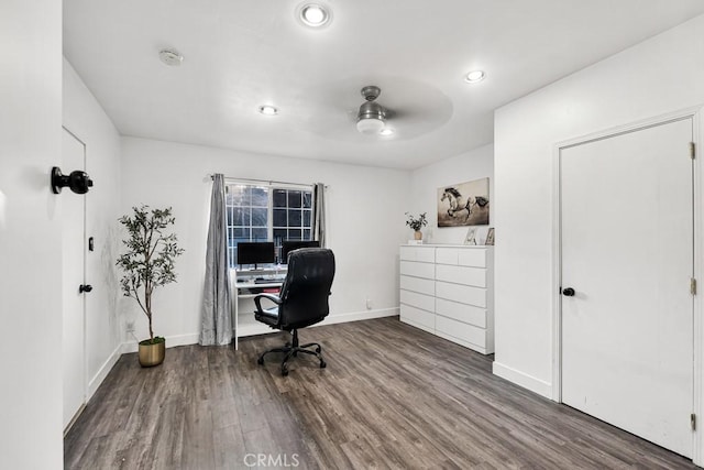 office with hardwood / wood-style floors and ceiling fan