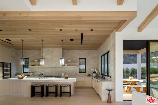 kitchen featuring pendant lighting, light hardwood / wood-style flooring, wood ceiling, and a center island with sink